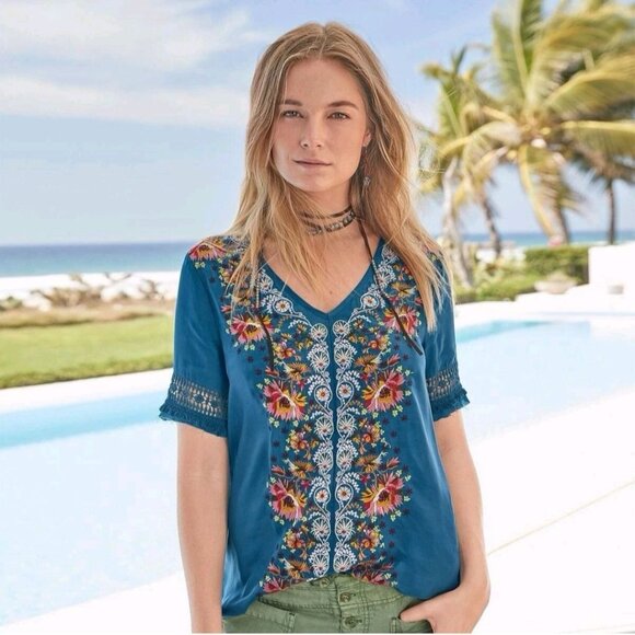 Sundance Rossi Top Fully Embroidered Fringe Short Sleeve Cupro Vegan Silk Size S - Picture 4 of 10